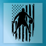 A silhouette of a basketball player is depicted against a backdrop of the American flag, with the flag's stars and stripes appearing to tear or rip.
