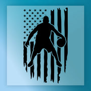 A silhouette of a basketball player is depicted against a backdrop of the American flag, with the flag's stars and stripes appearing to tear or rip.