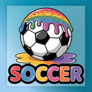 a soccer ball with rainbow-colored icing and sprinkles, accompanied by the word "SOCCER" in a colorful, playful font.
