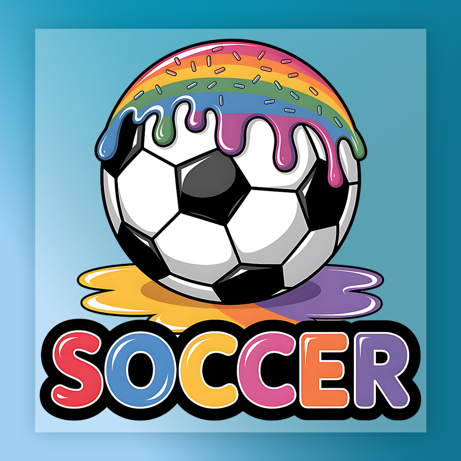 a soccer ball with rainbow-colored icing and sprinkles, accompanied by the word "SOCCER" in a colorful, playful font.