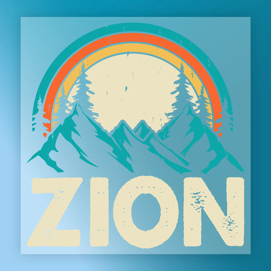 Retro mountain and pine tree illustration with an orange and teal rainbow, featuring "Take a Hike" in bold, distressed letters. Perfect by InkMerge for shirts or DTF heat press transfers.