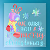 The InkMerge Merry Christmas Stocking Design holiday card features a shiny stocking, candy canes, snowflakes, and "We wish you a Merry Christmas" in pastel blue, red, and pink on a blue background.