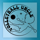 A graphic design featuring a silhouette of a person playing volleyball, with the text "Volleyball Uncle" written around the image.