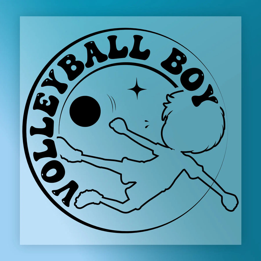 A graphic design featuring a silhouette of a person playing volleyball, with the text "Volleyball Boy" around the image.