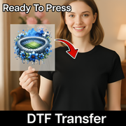 A woman holding a clear plastic sheet with a colorful graphic of a stadium on it, and there is text overlay that says "Ready To Press" and "DTF Transfer".
