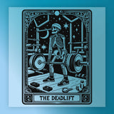 a skeleton lifting a barbell, with various weights and equipment surrounding the skeleton.