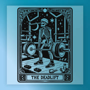 a skeleton lifting a barbell, with various weights and equipment surrounding the skeleton.