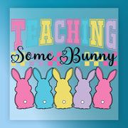 a group of five colorful bunny illustrations arranged in a row, with the text "Teaching Some Bunny" written above them.