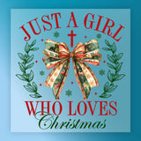 The Merry Christmas Vintage Design by InkMerge showcases “Just a girl who loves Christmas” with a festive bow, stars, holly leaves, a cross, and green wreaths on blue—a charming retro look ideal for DTF transfers.