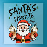 InkMerge's Santa's Favorite Brew Funny Christmas Design features a smiling cartoon Santa holding two whipped cream-topped iced coffees, with "Santa's Favorite Brew" text on a blue starry background—ideal for DTF transfers or heat press holiday projects.