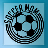 A graphic design featuring a soccer ball surrounded by concentric lines, with the text "SOCCER MOM" prominently displayed.