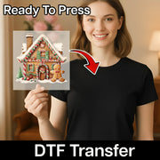 A smiling woman in black holds an InkMerge Whimsical Gingerbread House Design - Heat Press Ready print. Text reads "Ready To Press" and "DTF transfer," with a red arrow—perfect for heat press projects.