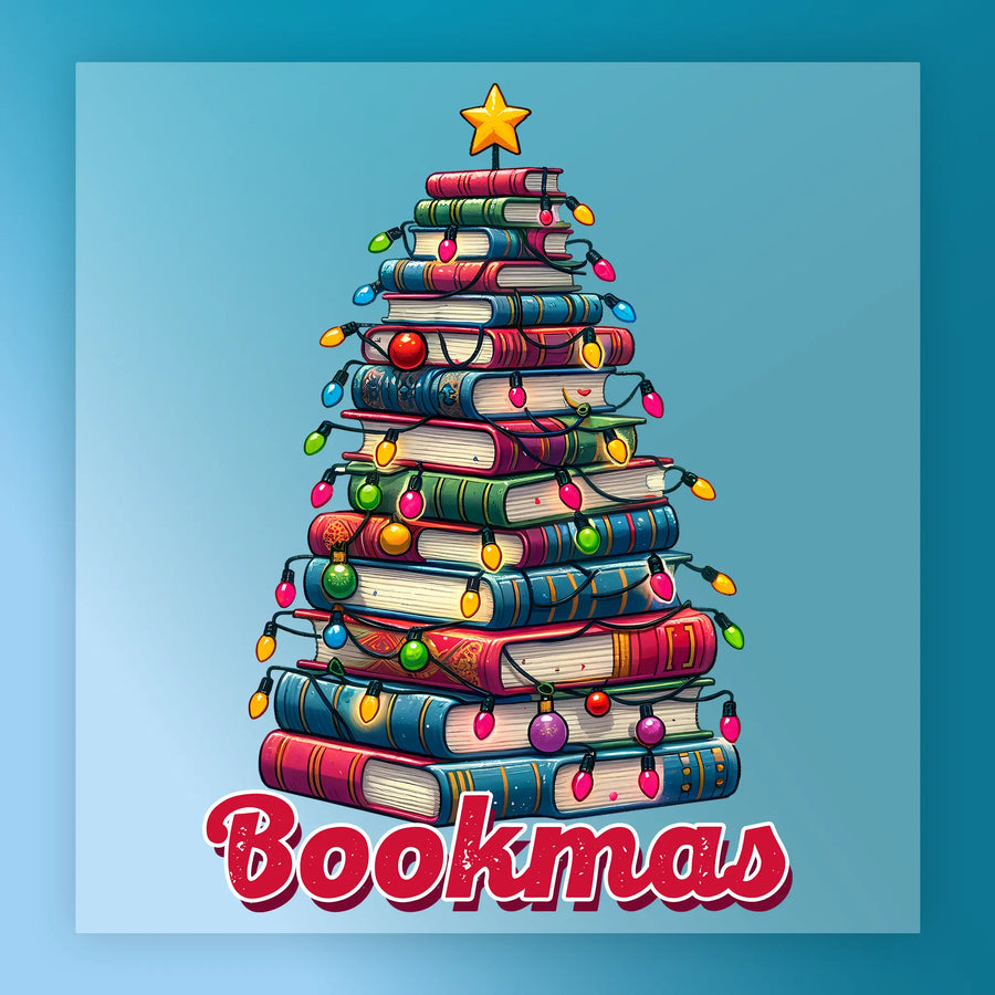 The Bookmas Festive Reading Tree Design by InkMerge features a Christmas tree of stacked books with colorful lights and a star topper, plus bold red "Bookmas" text—ideal for custom apparel with heat press or DTF transfers.