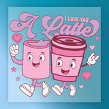 A cartoon illustration of two anthropomorphic coffee cups, one pink and one purple, with the text "I LOVE YOU" written above them.