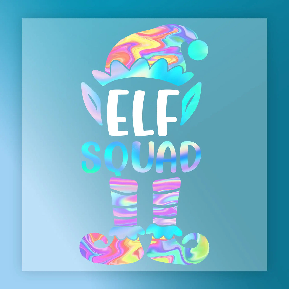 InkMerge’s ELF Holographic Swirl features a vibrant graphic of an elf hat, ears, legs, and shoes with “ELF SQUAD” text in holographic swirl on blue—ideal for custom apparel or DTF transfers.
