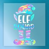 InkMerge’s ELF Holographic Swirl features a vibrant graphic of an elf hat, ears, legs, and shoes with “ELF SQUAD” text in holographic swirl on blue—ideal for custom apparel or DTF transfers.