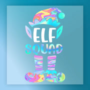 InkMerge’s ELF Holographic Swirl features a vibrant graphic of an elf hat, ears, legs, and shoes with “ELF SQUAD” text in holographic swirl on blue—ideal for custom apparel or DTF transfers.