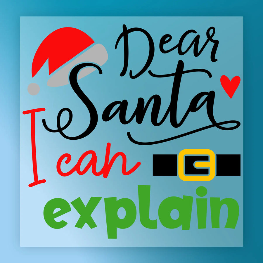 InkMerge’s Dear Santa I Can Explain features playful lettering, a Santa hat on the S, red heart, and Santa’s belt on a blue background—ideal as a DTF transfer for your holiday heat press projects.