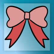 The Pink and Red Bow Design by InkMerge features a simple pink bow with two ribbon tails on a blue gradient background—outlined in black and rounded, ideal for premium DTF film or unique heat press DTF transfers.