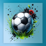 A stylized image of a soccer ball surrounded by flowers and grass against a blue background.