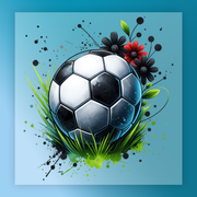 A stylized image of a soccer ball surrounded by flowers and grass against a blue background.