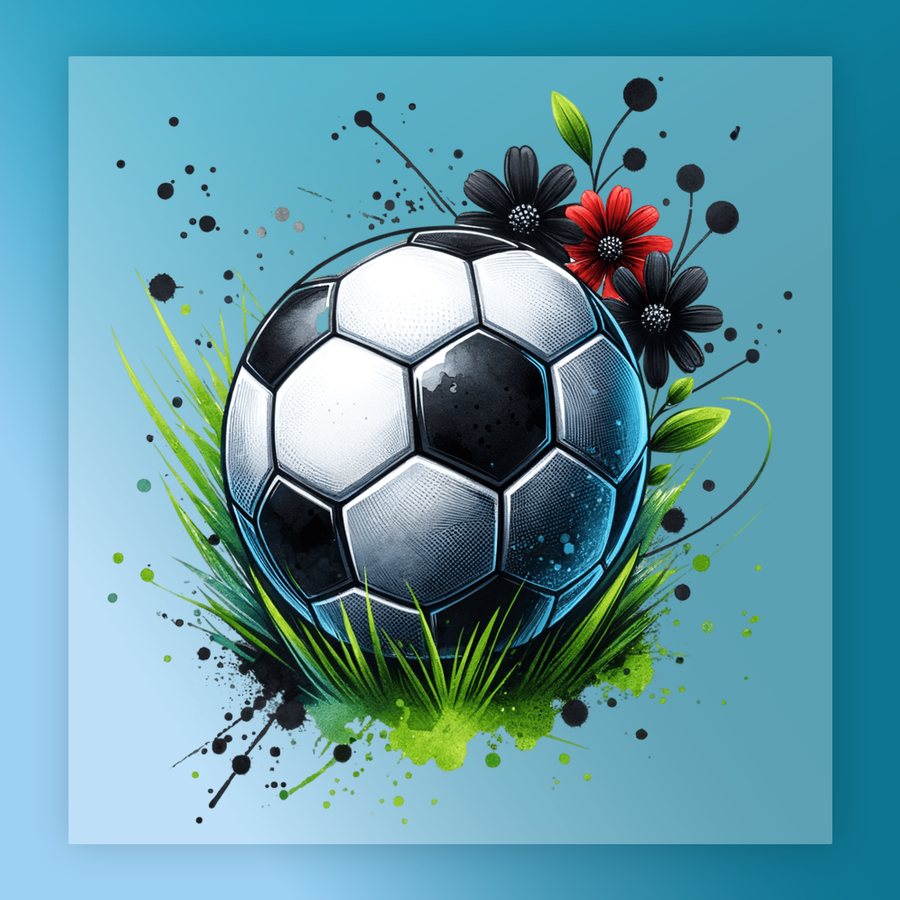 A stylized image of a soccer ball surrounded by flowers and grass against a blue background.