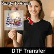 A smiling woman in a black shirt holds an InkMerge DTF transfer sheet with the Traditional Christmas Reindeer Sleigh Design by a snowy house. "Ready To Press" and "DTF Transfer" text appears, with a red arrow highlighting the heat press design.