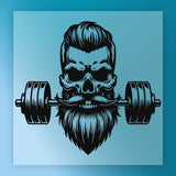 A stylized illustration of a skull with a beard holding a barbell, set against a blue background.