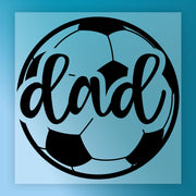 A soccer ball with the word "dad" written on it in a stylized font.
