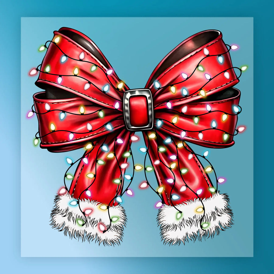 The Festive Red Bow Christmas Lights Design by InkMerge features a large red bow with a black buckle, white fur trim, and colorful lights—perfect for DTF transfers or ugly sweater parties—set against a blue background.