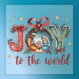 The InkMerge JOY Nativity Scene features Mary, Joseph, and baby Jesus inside the O, with stars, pine branches, a red bow, and "to the world" in red script—perfect for custom apparel or DTF transfers.