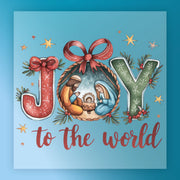 The InkMerge JOY Nativity Scene features Mary, Joseph, and baby Jesus inside the O, with stars, pine branches, a red bow, and "to the world" in red script—perfect for custom apparel or DTF transfers.