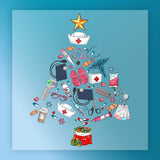 The InkMerge Healthcare Christmas Tree Design features pills, stethoscopes, nurse hats, syringes, and a blood bag with a gold star atop a blue tree—ideal for DTF transfers or holiday heat press projects, gift bag included at the base.
