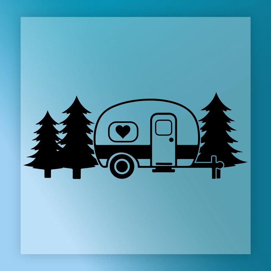 A black and white illustration of a camper trailer with a heart symbol on the side, surrounded by pine trees.