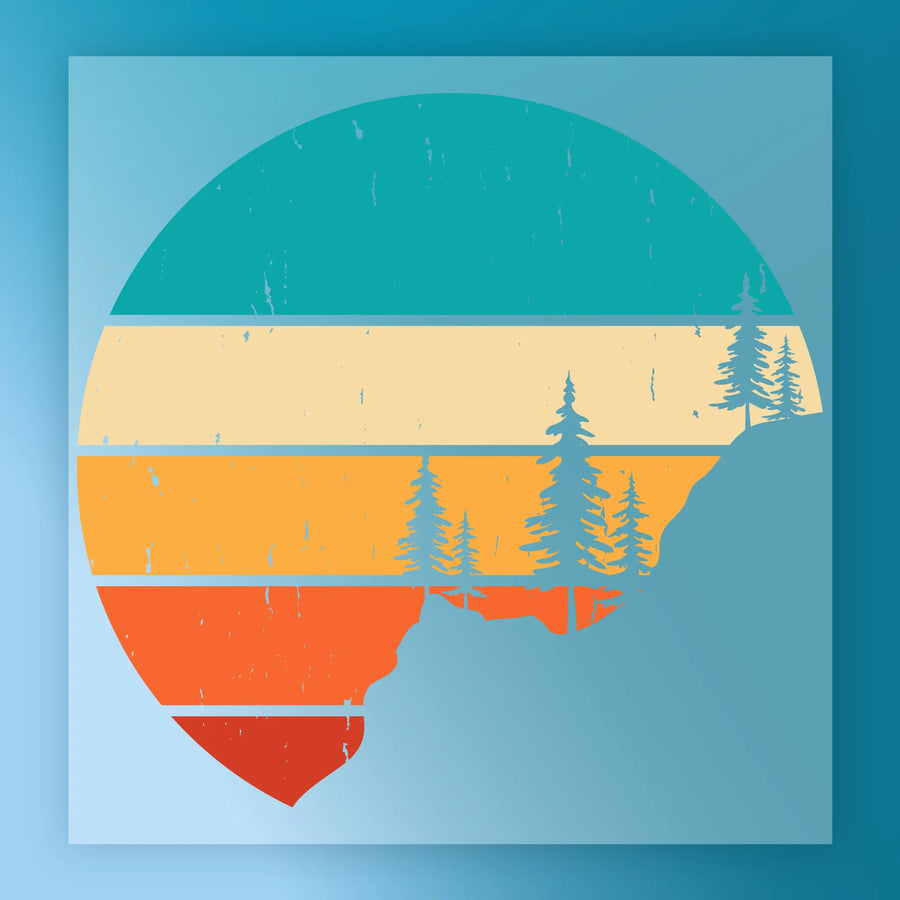 Retro Sunset Pixel Art Design - Heat Press Ready by InkMerge: A circular vintage graphic with teal, beige, yellow, and orange stripes, pine trees and a right-side mountain on blue—ideal for DTF transfer or retro projects.