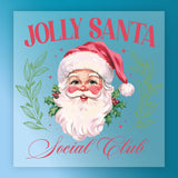 InkMerge’s Jolly Santa Social Club features a smiling Santa in a red hat with green leaves and holly, plus red script text on blue—a festive design ideal for custom apparel or holiday sweater transfers.