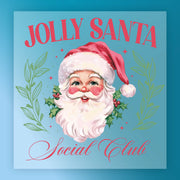 InkMerge’s Jolly Santa Social Club features a smiling Santa in a red hat with green leaves and holly, plus red script text on blue—a festive design ideal for custom apparel or holiday sweater transfers.