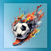 A vibrant and dynamic illustration of a soccer ball surrounded by splashes of color and paint, creating a sense of motion and energy.