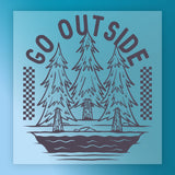 InkMerge Bear Baseball DTF Transfer — 8-Pass, Hot Peel, Ready to Press: Features three tall pine trees by a river under "GO OUTSIDE," flanked by vertical checkerboards and blue shades—ideal for pre-cured DTF transfer projects.