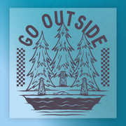 InkMerge Bear Baseball DTF Transfer — 8-Pass, Hot Peel, Ready to Press: Features three tall pine trees by a river under "GO OUTSIDE," flanked by vertical checkerboards and blue shades—ideal for pre-cured DTF transfer projects.