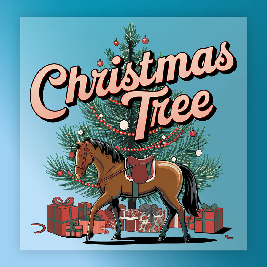 Equestrian Holiday by InkMerge: An illustrated Christmas tree with ornaments, gifts, and a saddled brown horse in front. Ideal for DTF transfers on holiday apparel or sweaters. Large "Christmas Tree" text above.