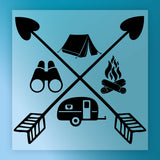 InkMerge’s Adventure Camping Motif DTF transfer showcases two crossed arrows with black icons—a tent, campfire, trailer, and binoculars—on a blue background. Ideal for heat press use.
