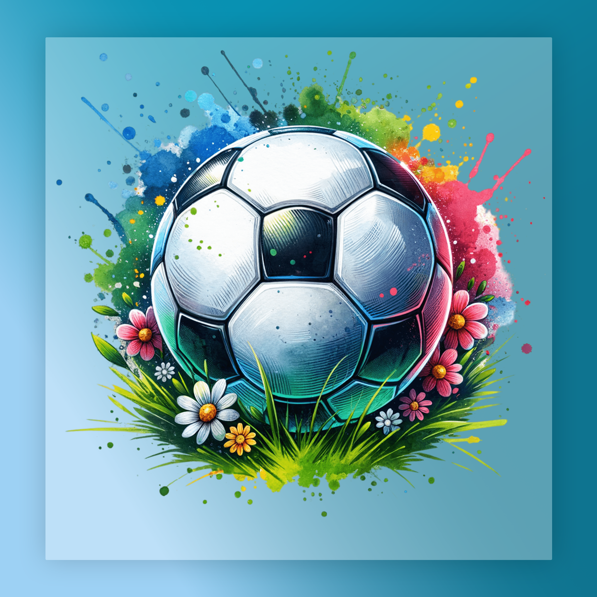 A colorful and vibrant illustration of a soccer ball surrounded by flowers and grass, with splashes of color and paint.