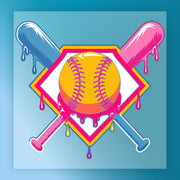 A vibrant illustration of a baseball bat and ball, with dripping colors, set against a blue background.
