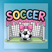 a soccer ball with a pink bow on top of a soccer goal, with the word "SOCCER" written above it in a colorful, playful font.