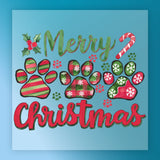 Celebrate the holidays with the Merry Christmas Pet Lover Design by InkMerge—DTF transfer featuring holly, a candy cane, and festive paw prints in red, green, and snowflake patterns for heat press on a blue background.