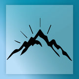A silhouette of a mountain with rays of light emanating from it, set against a blue background.