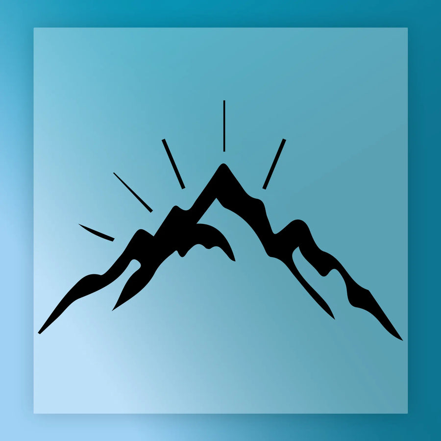 A silhouette of a mountain with rays of light emanating from it, set against a blue background.