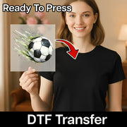 A woman holding a transparent sheet with a soccer ball image on it, and there is text that says "Ready To Press" and "DTF Transfer" below the image.
