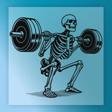 A skeleton lifting a barbell with large weights, demonstrating strength and power.